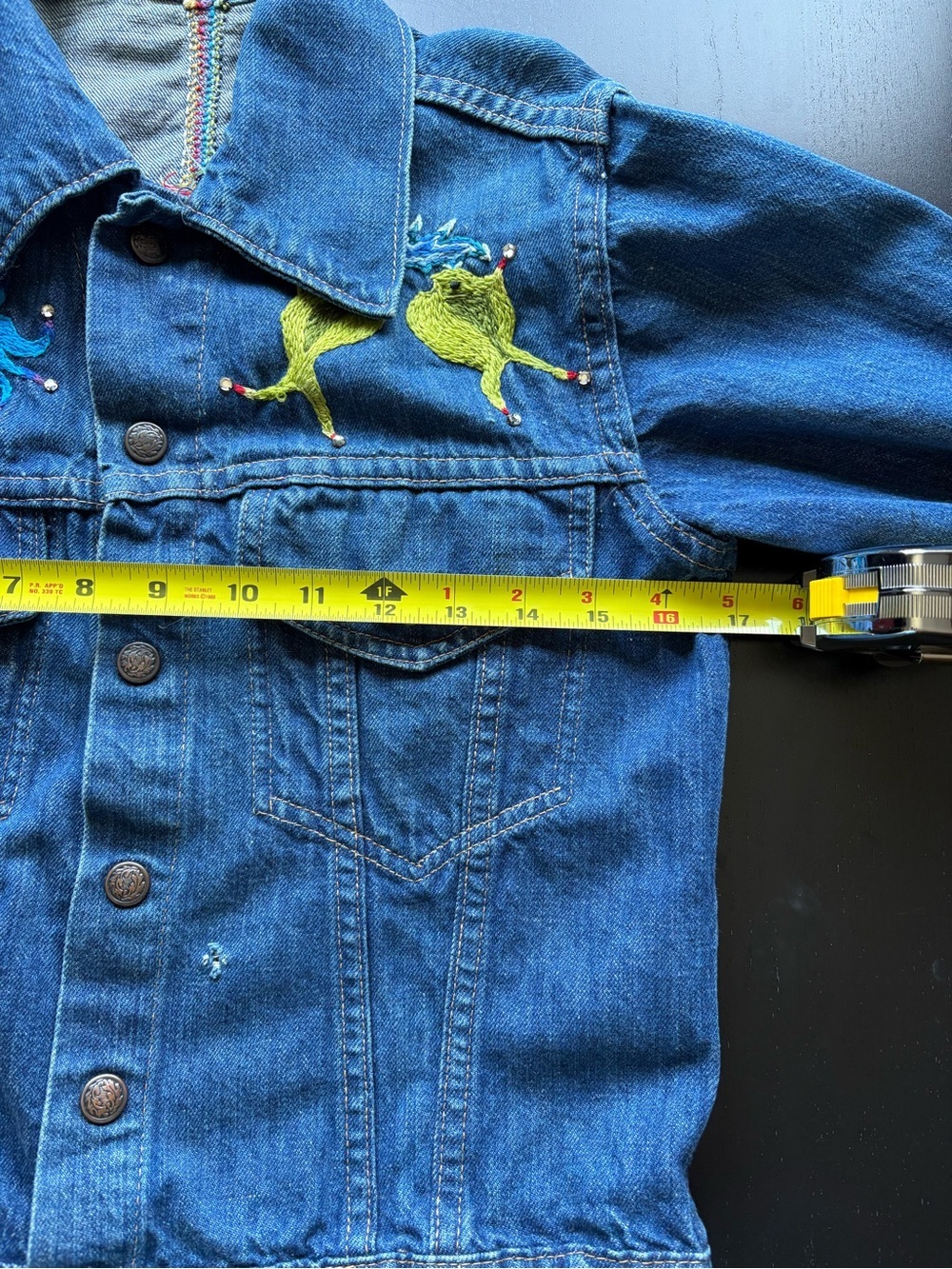 Embroidered Upcycled Dark Blue Denim Jacket w Snap Closure - Unique Handmade - Picture 8 of 14